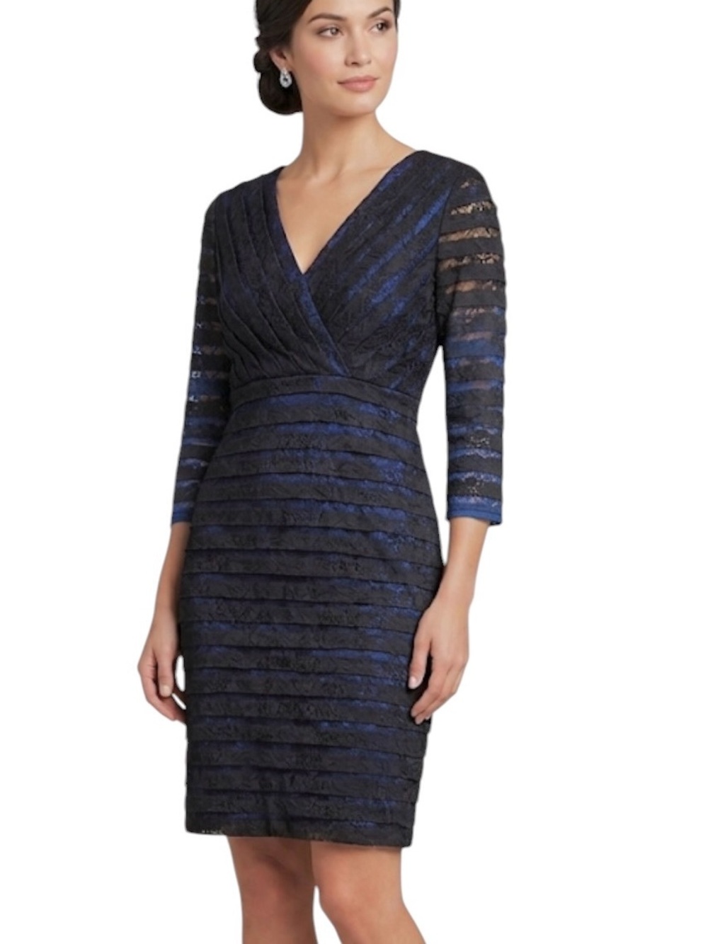Adrianna Papell Royal Blue Black Lace Tiered Sheath Dress 3/4 Sleeve Size 8P
